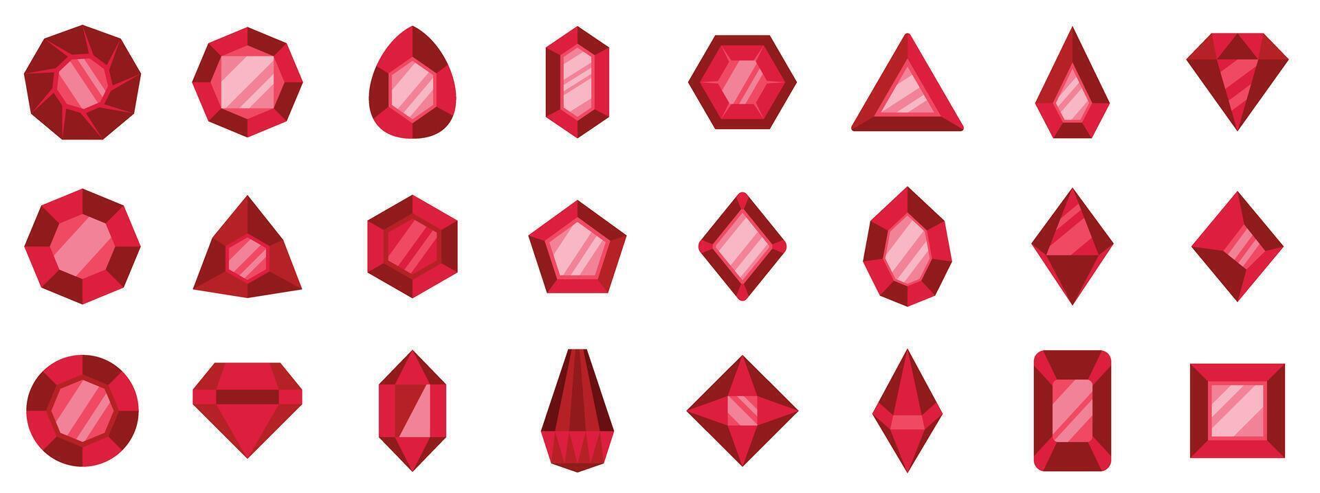 Set of red gems in different geometric shapes presenting facets vector