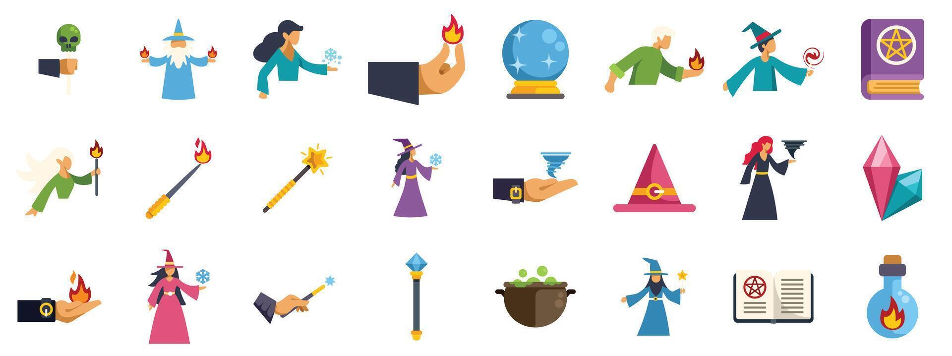 Wizards and witches using magic power set of vector illustrations depicting fantasy characters and objects