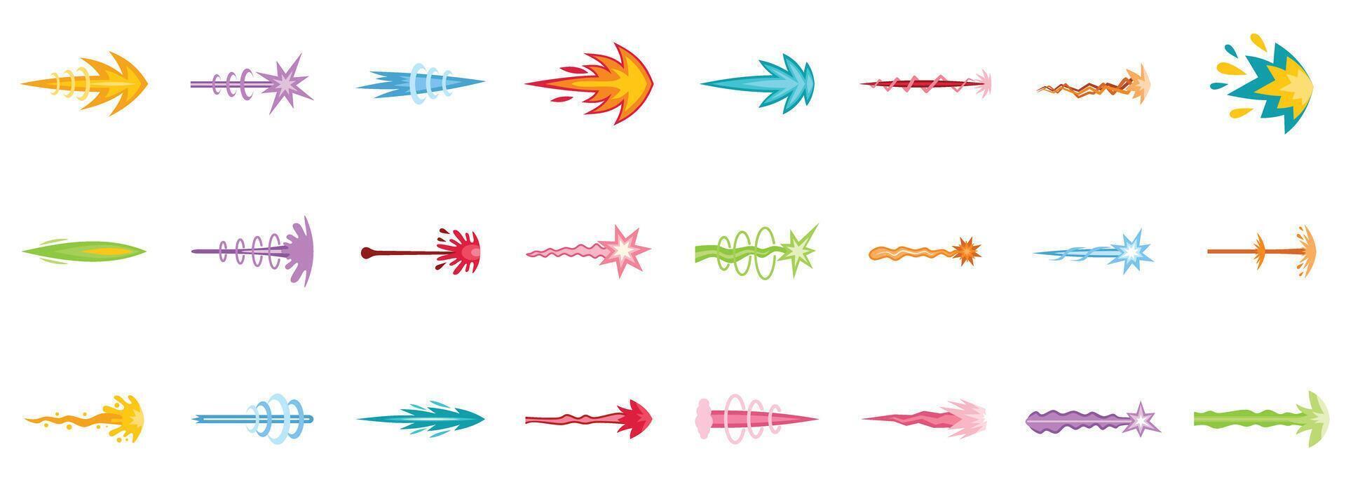 Collection of various colorful cartoon magic spell trajectories isolated on white background vector