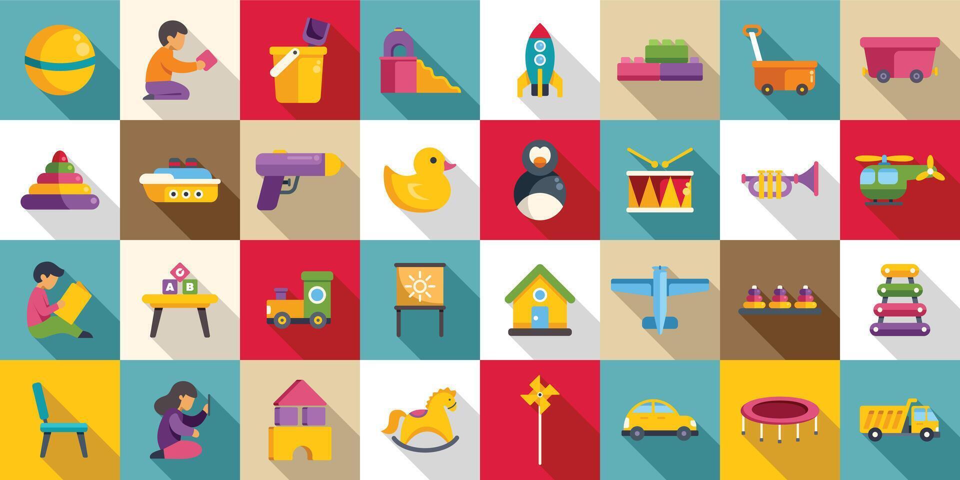 Children playroom icons set. Children toys icons set featuring kids playing with toys and games vector