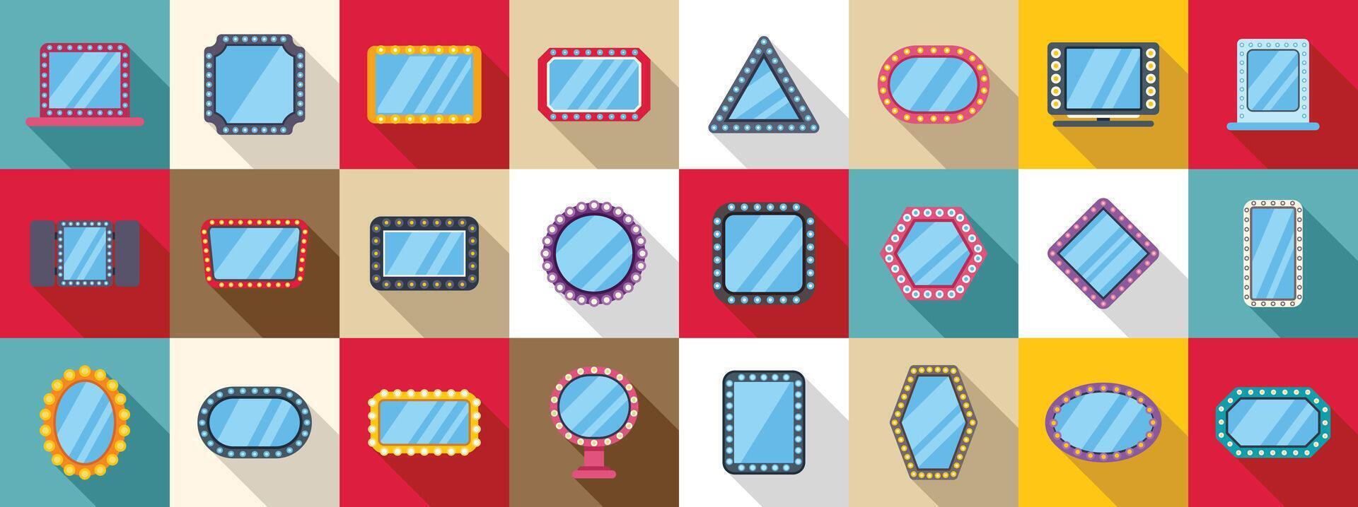 Theater makeup mirror icons set. Set of makeup mirror icons in flat style showing various shapes and sizes vector