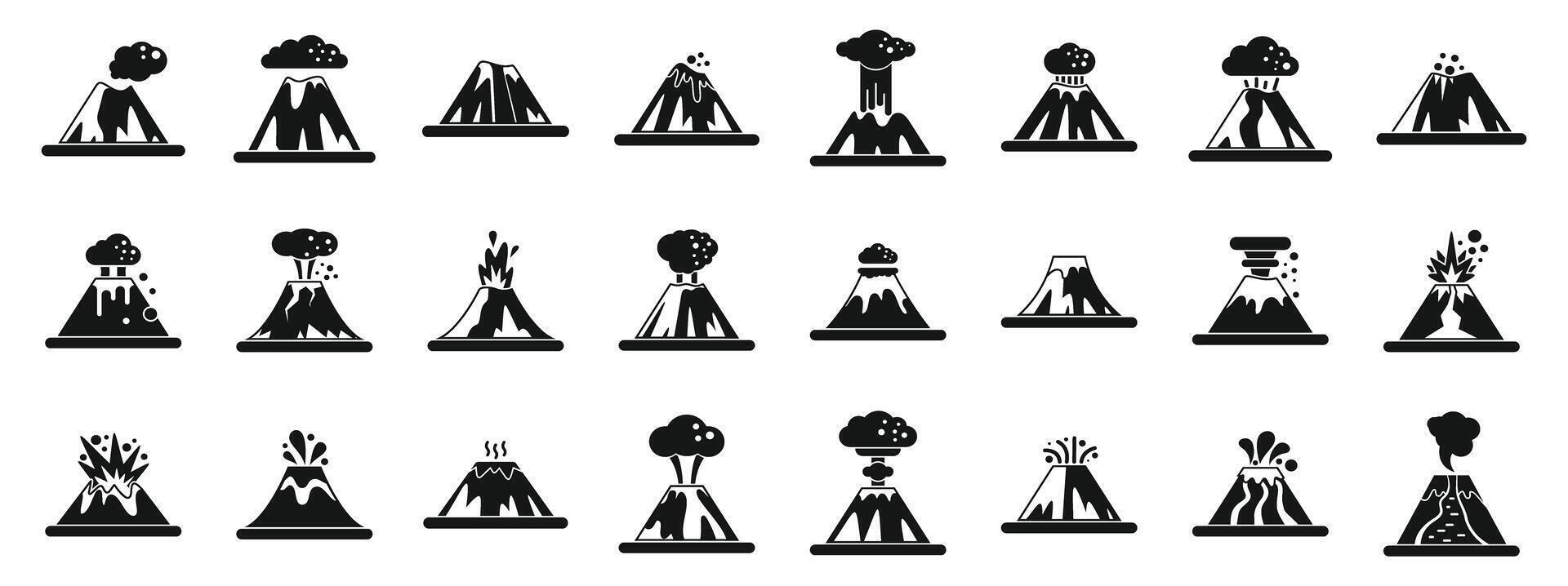 Volcano explosion icons set. Set of black and white icons of volcanoes erupting in various ways vector