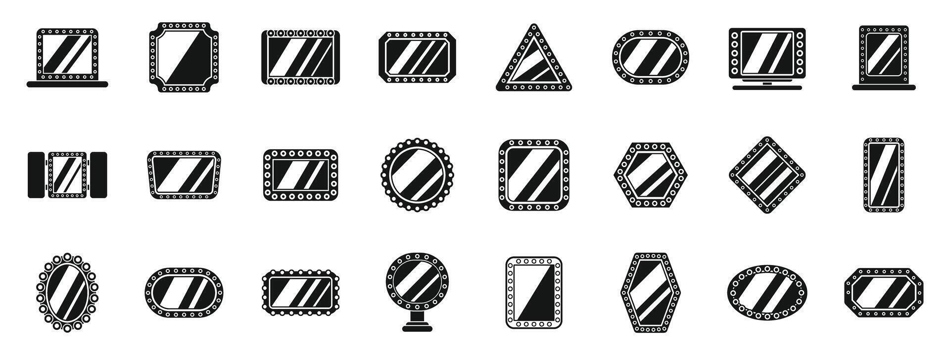 Theater makeup mirror icons set. Big set of makeup mirror icons showing different shapes and styles vector