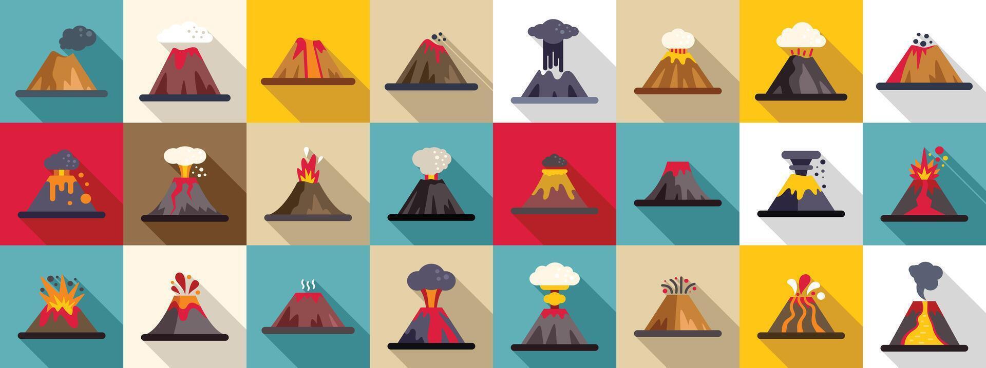Volcano explosion icons set. Collection of various volcanoes erupting with lava, smoke and ash vector