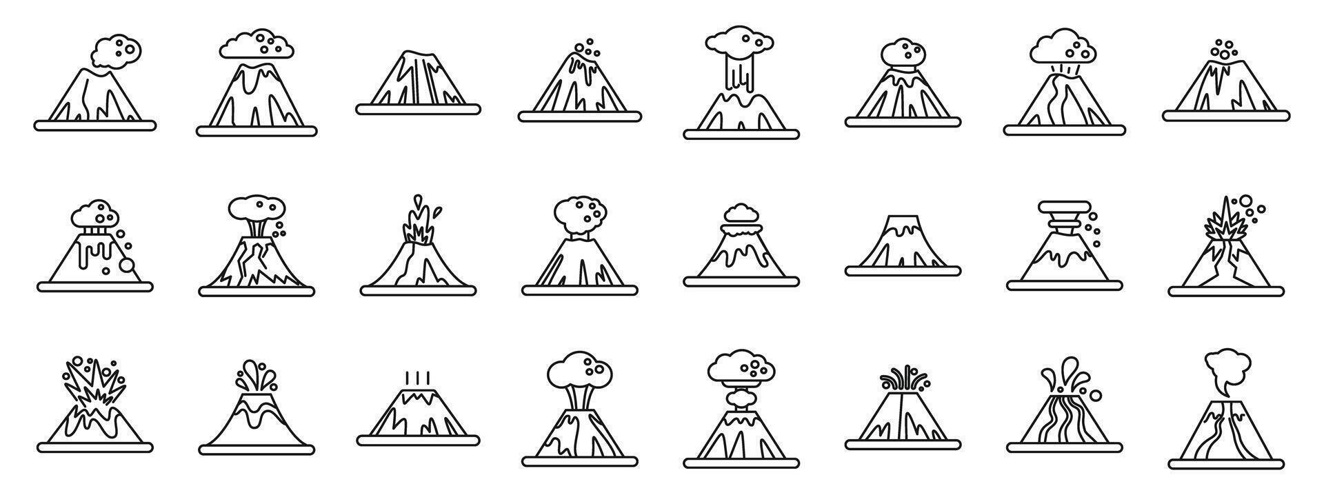 Volcano explosion icons set. Volcano erupting with smoke, ash, and lava flowing down its sides line icons set vector