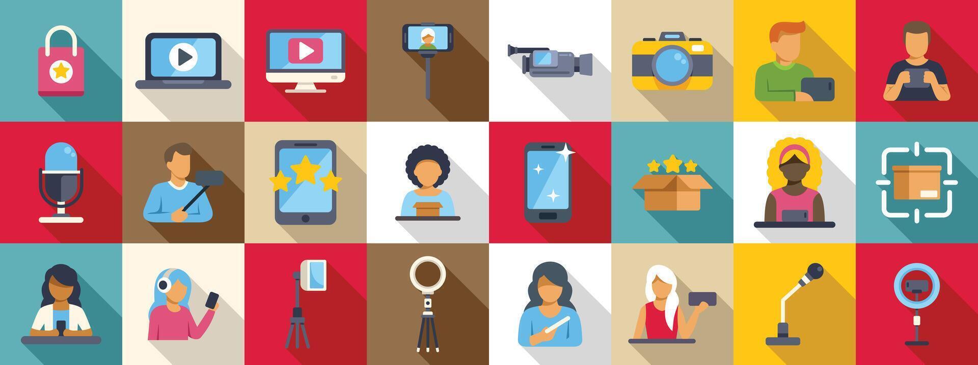 Product review blogger icons set. People creating content for social media channels using modern technologies vector