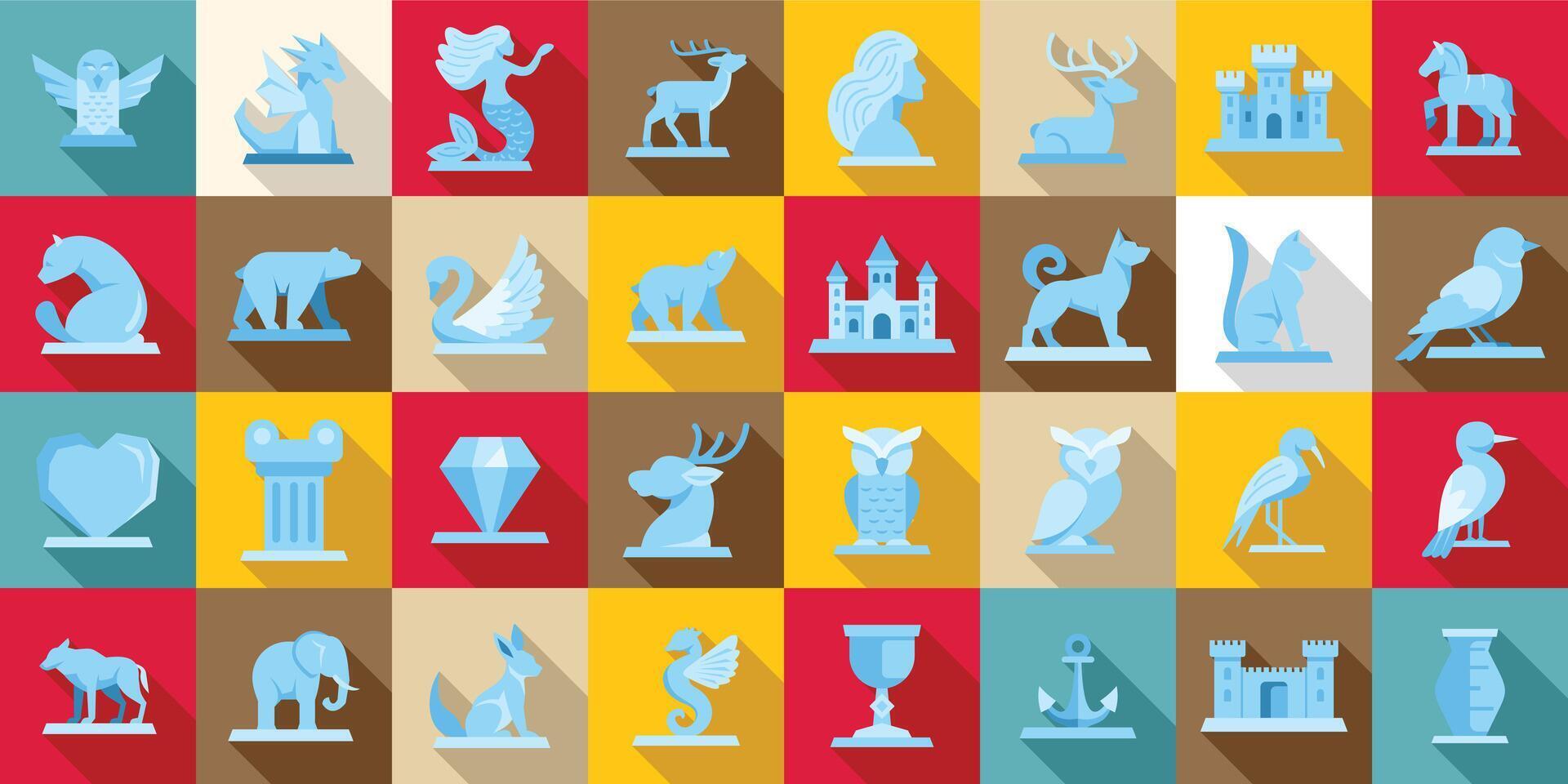 Ice sculpture icons set. Set of ice sculpture icons showing animals, mythical creatures and objects vector