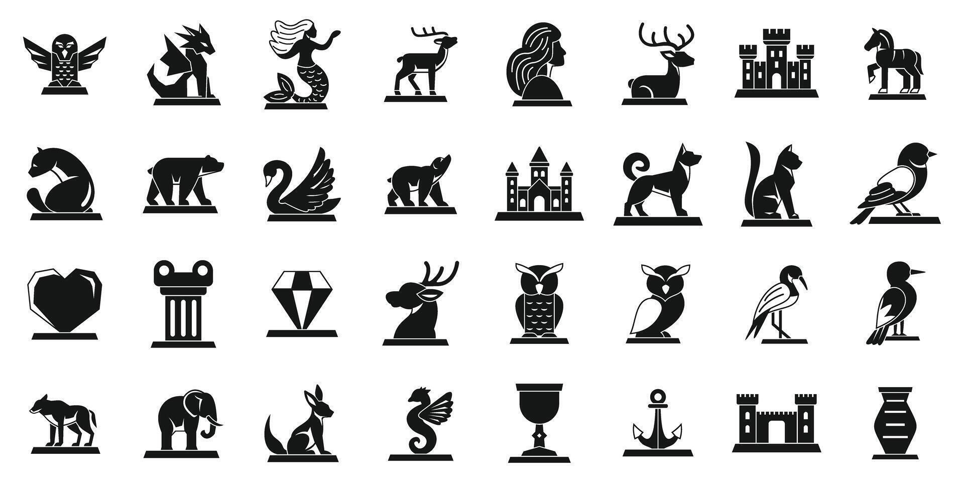 Ice sculpture icons set. Heraldry figurine collection presenting animals, objects and mythical creatures silhouettes vector