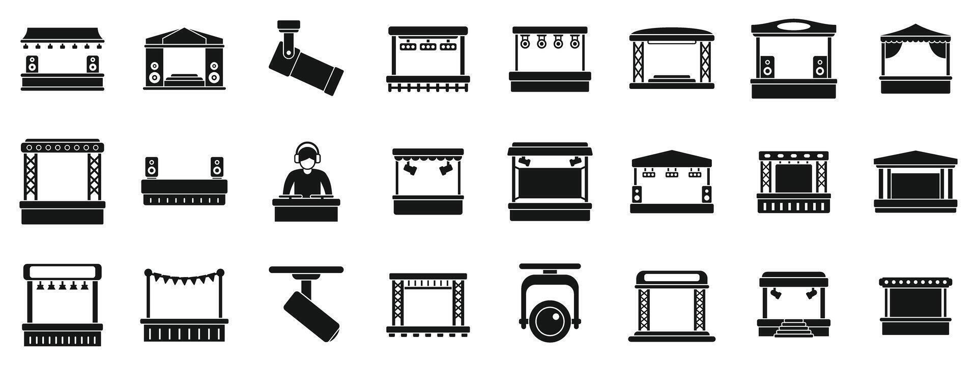 Outdoor music festival stage icons set. Event stage icon set, simple style vector