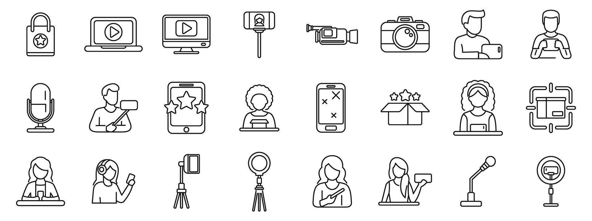 Product review blogger icons set. Bloggers and vloggers creating content, sharing and promoting products line icon set vector