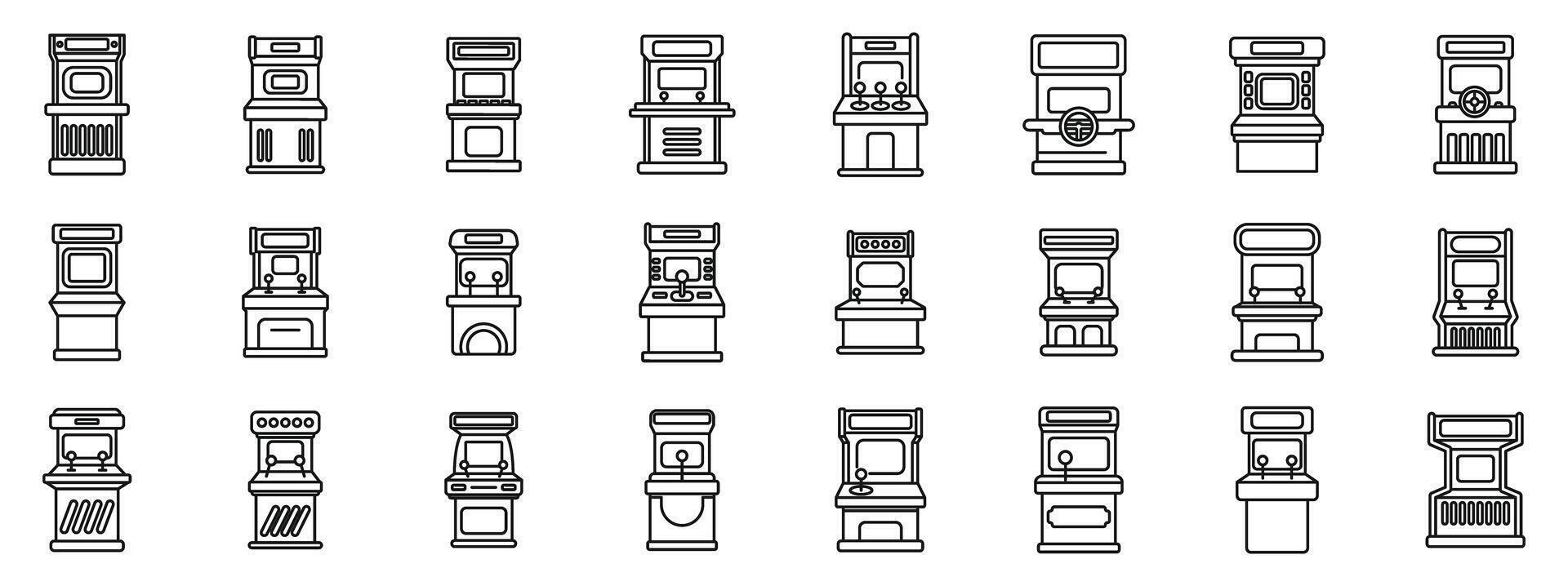 Retro arcade video game screen machine icons set. Large set of different arcade game cabinets with joysticks and buttons for playing in retro 8 bit style from 80s or 90s vector