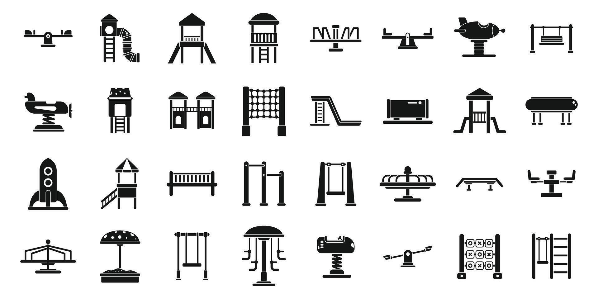 jardín de infancia al aire libre recreación zona íconos colocar. esta conjunto de íconos caracteristicas varios piezas de patio de recreo equipo, todas prestados en un simple, negro y blanco estilo vector