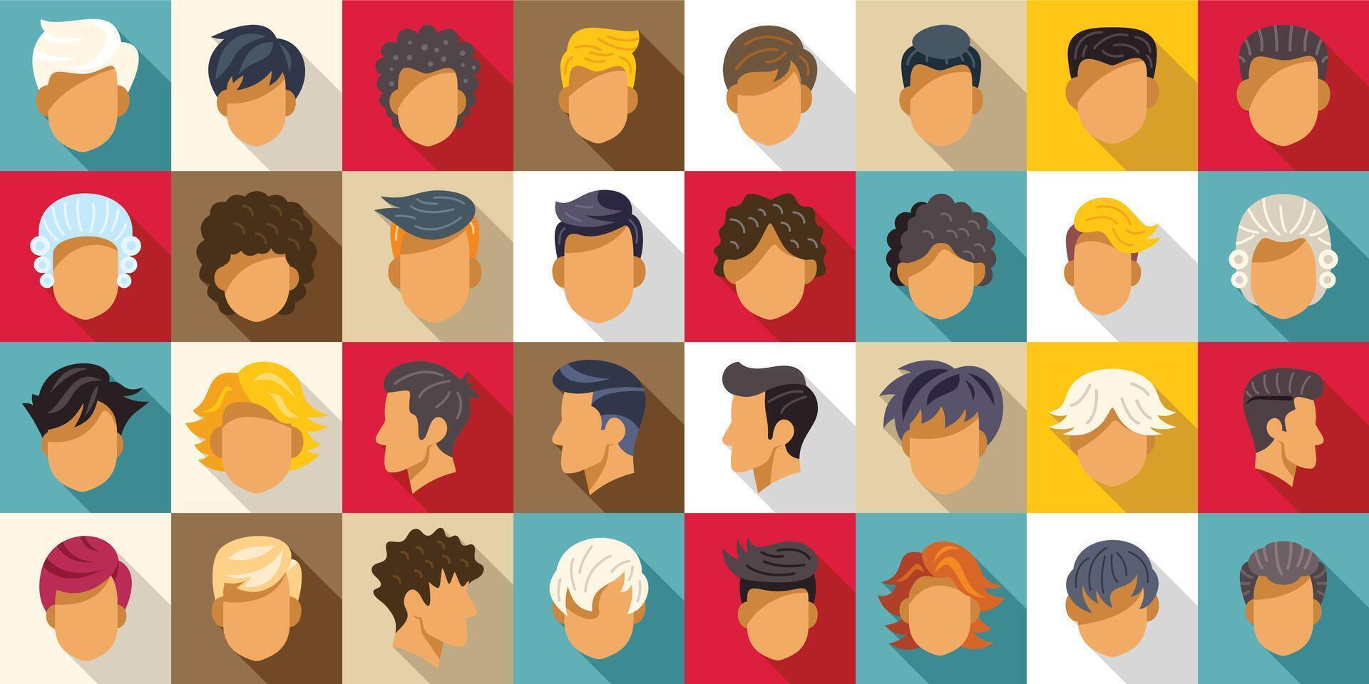 Man wig icons set. Collection of male hairstyles and haircuts showing different professions vector