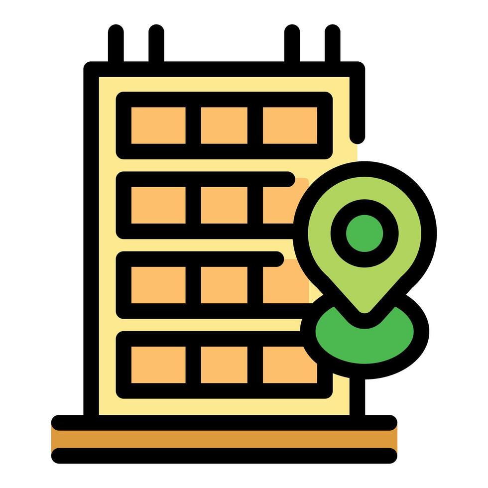 Green location pin pointing apartment building location vector