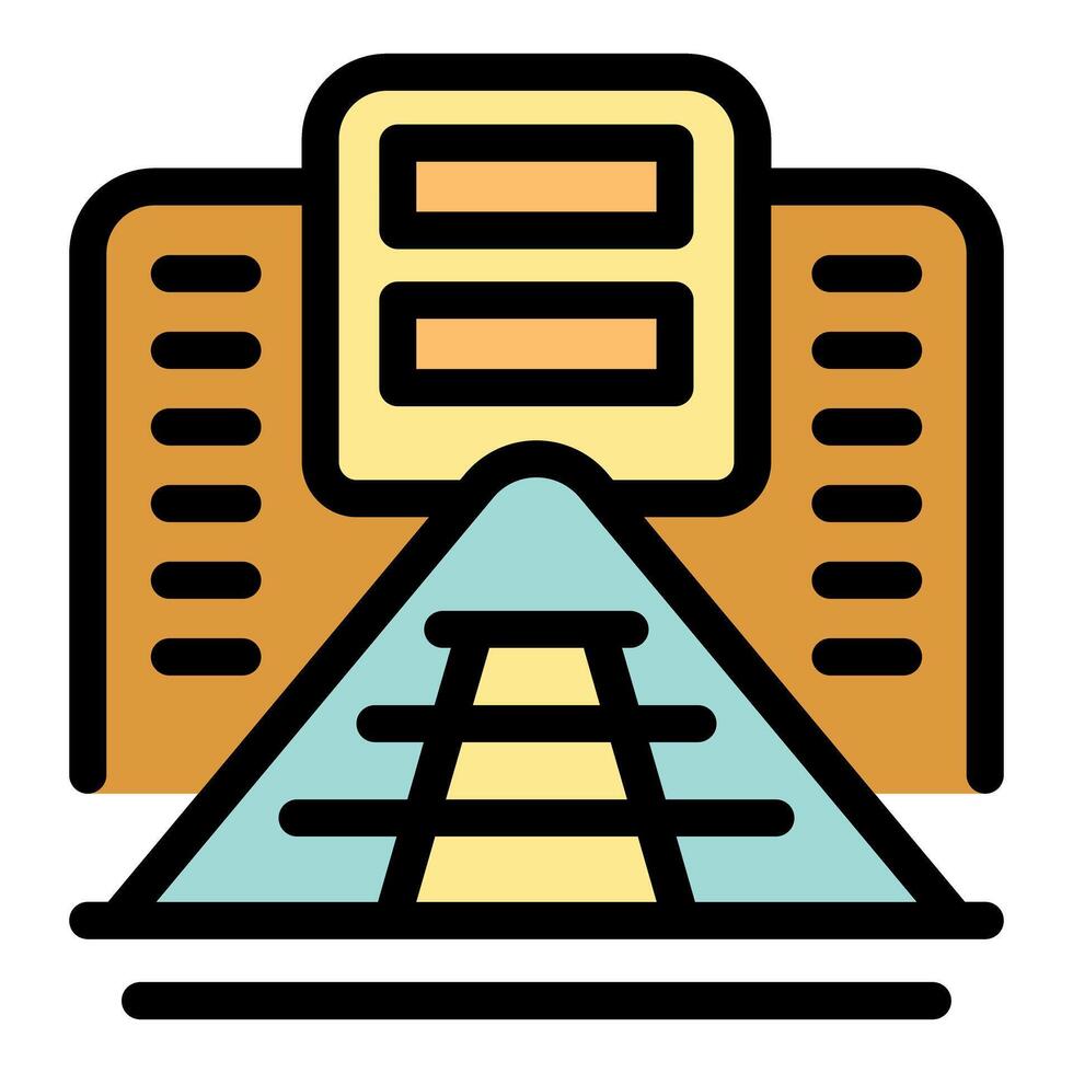 Perspective view of a train station building with rails running towards it vector