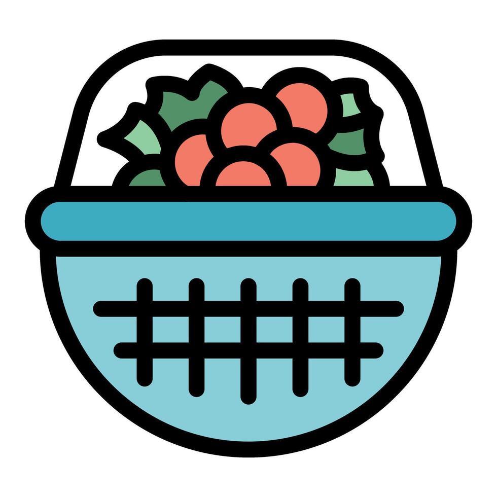 Wicker basket full of delicious and colorful cherries with leaves vector