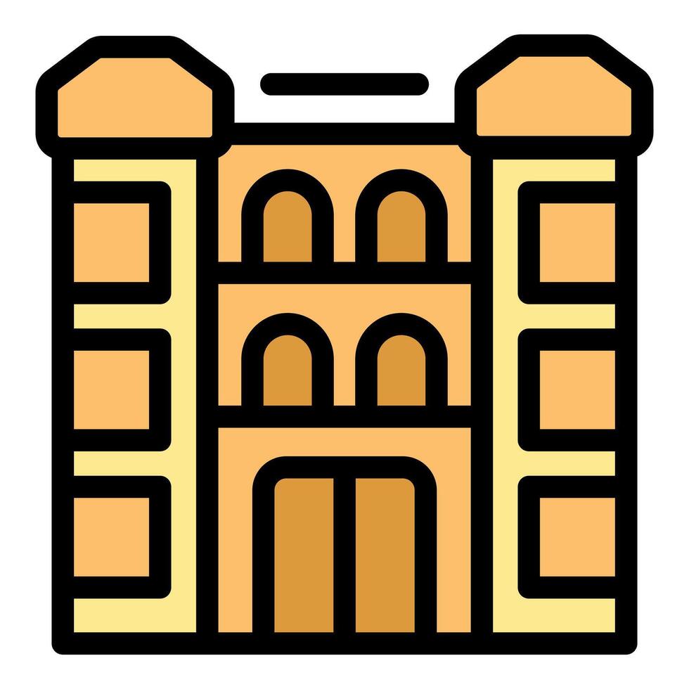 Colorful building facade with arched windows and large entrance vector