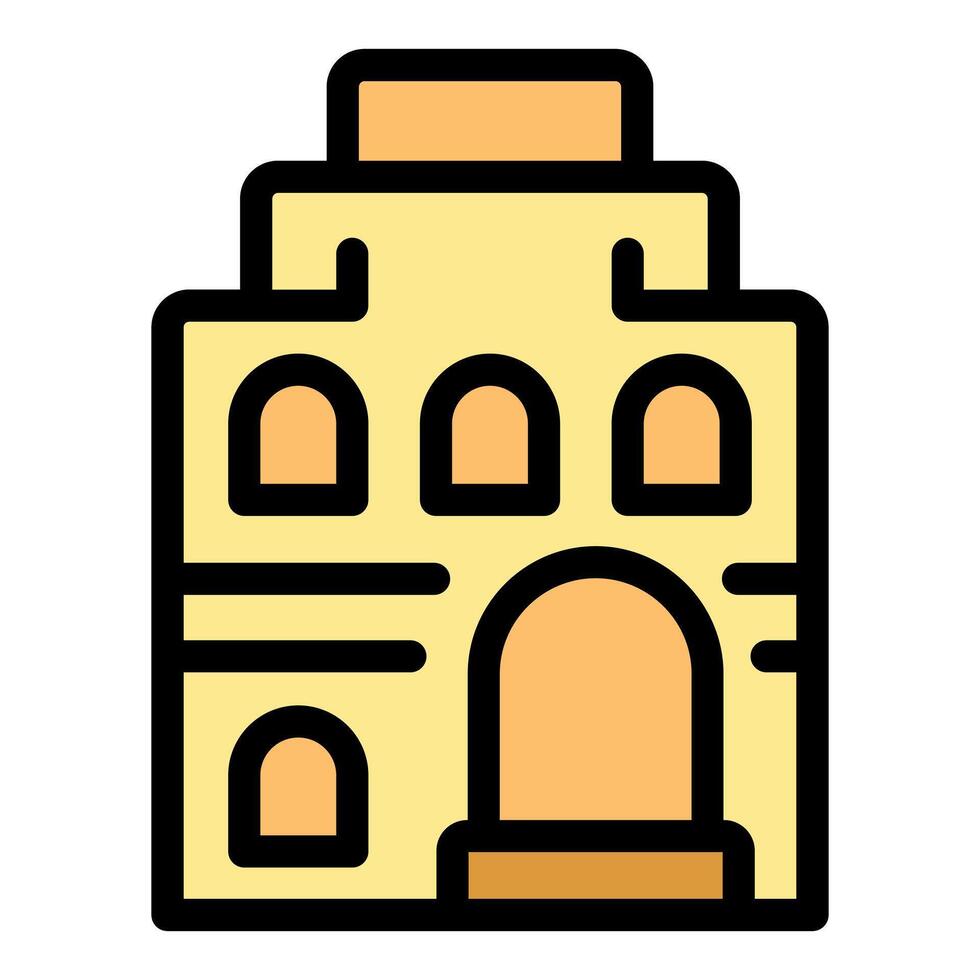 Yellow building with arched entrance and small windows icon vector