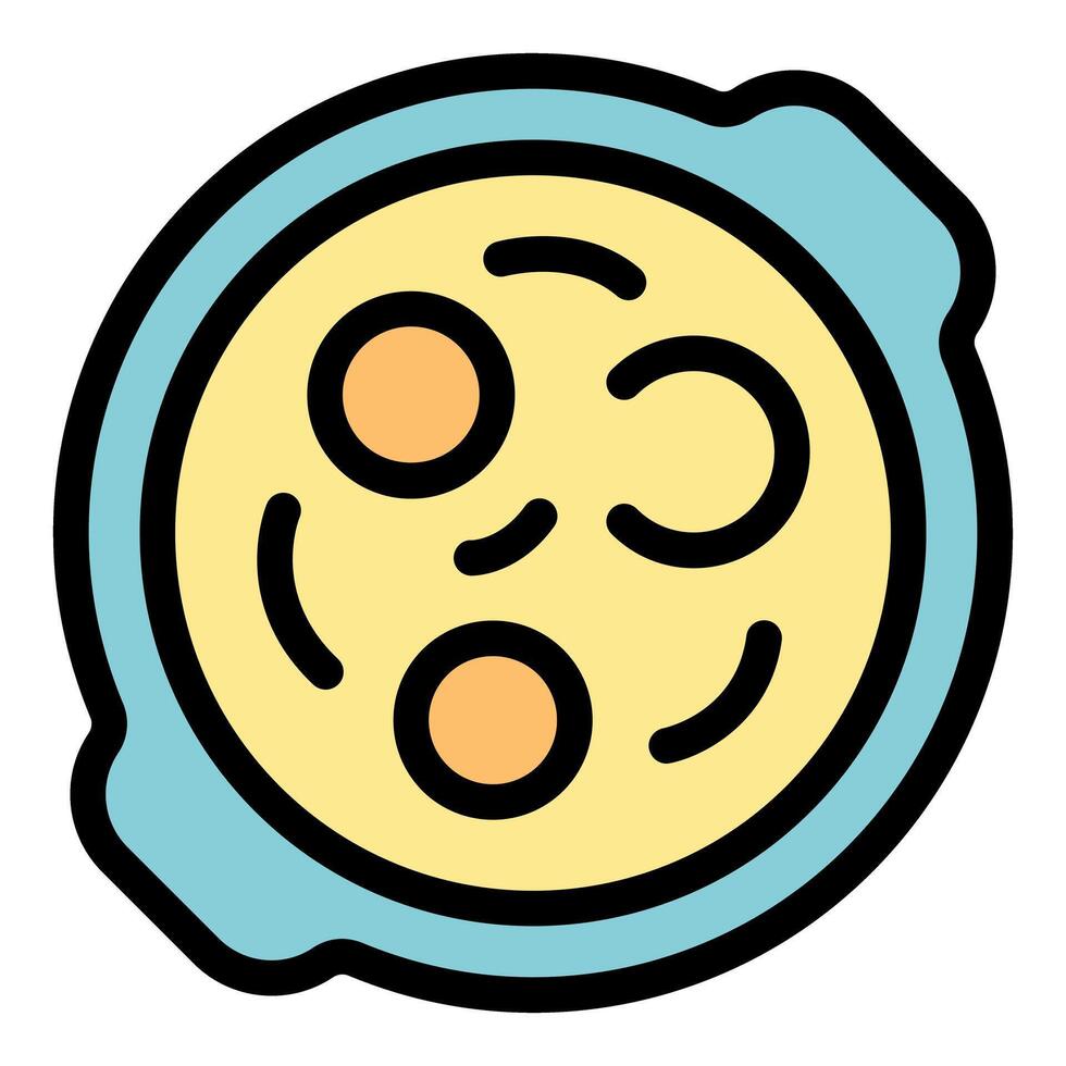 Creamy soup with eggs served in blue bowl line color icon vector