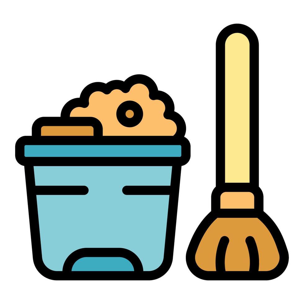 Cleaning tools bucket with soap and sponge and broom for housekeeping vector