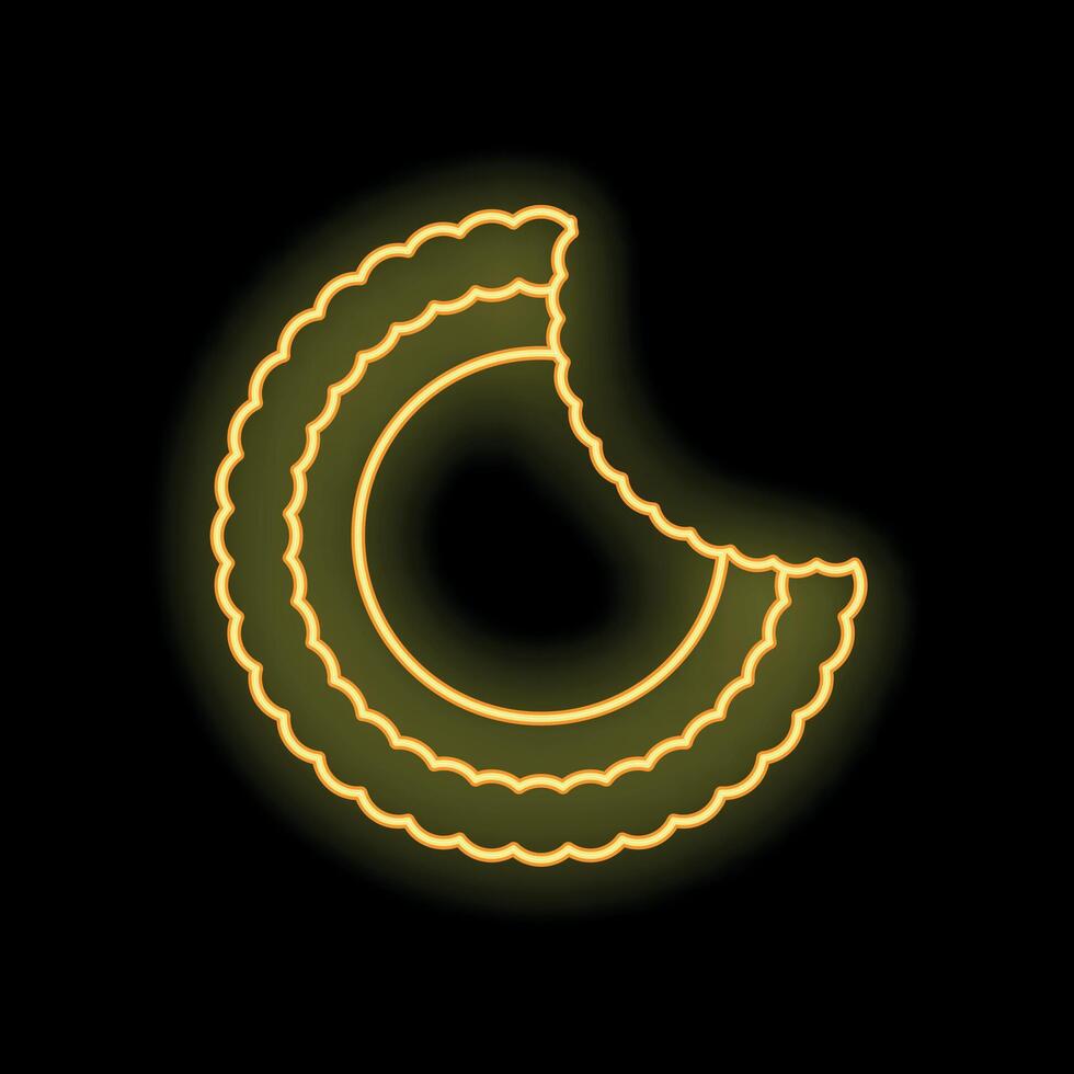 Yellow neon sign of a bitten cookie on a black background vector