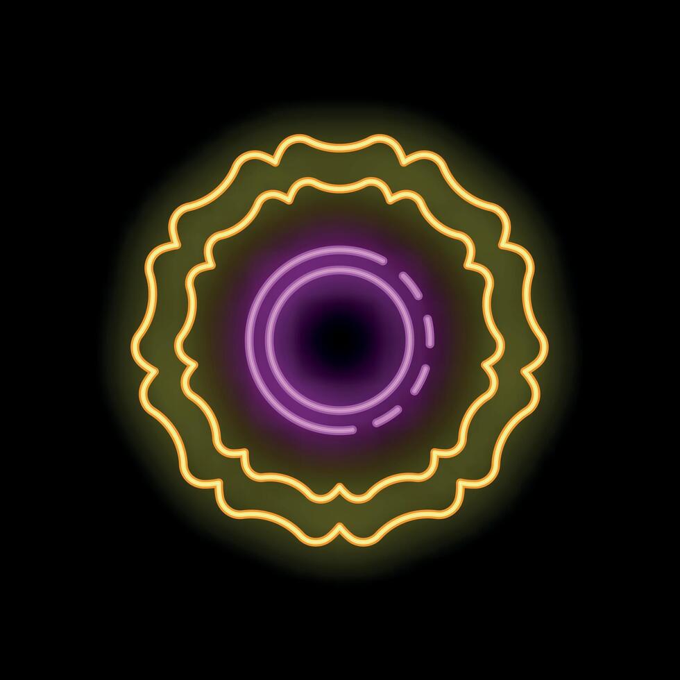 Bright neon sign showing a round frame with copy space on a black background vector