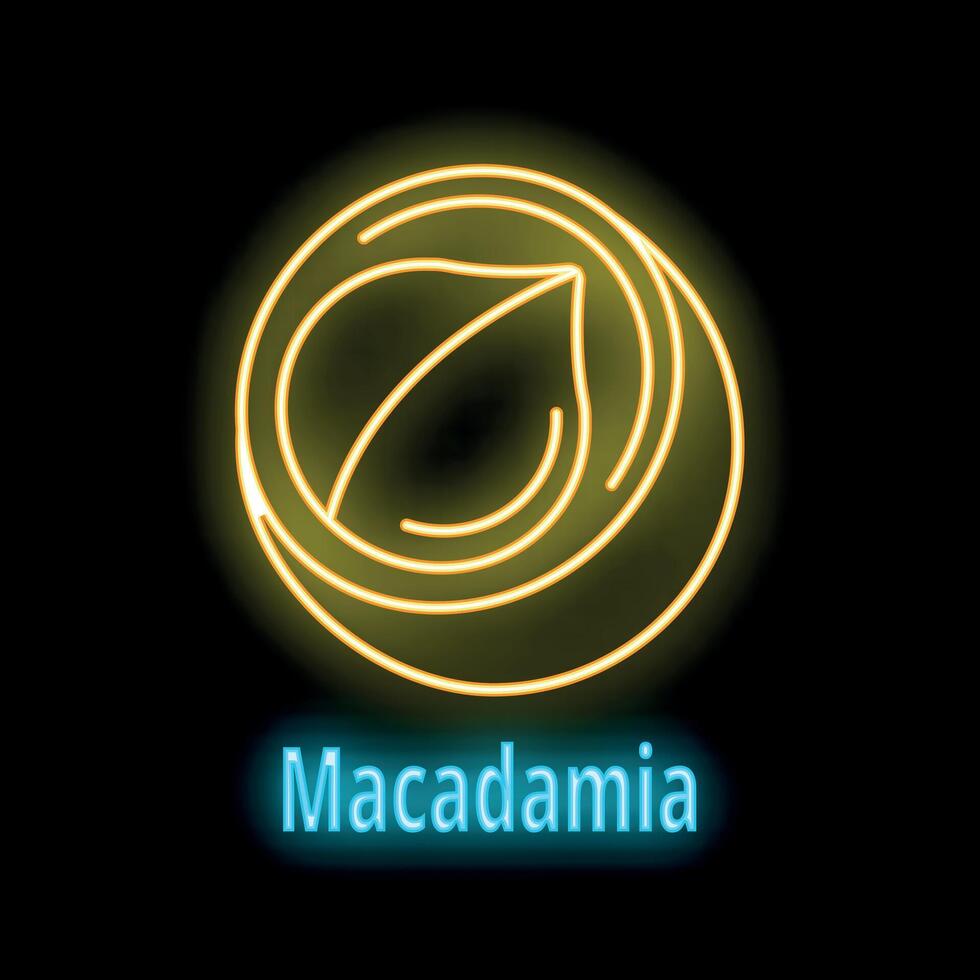 Glowing neon icon of macadamia nut with leaf on black background vector