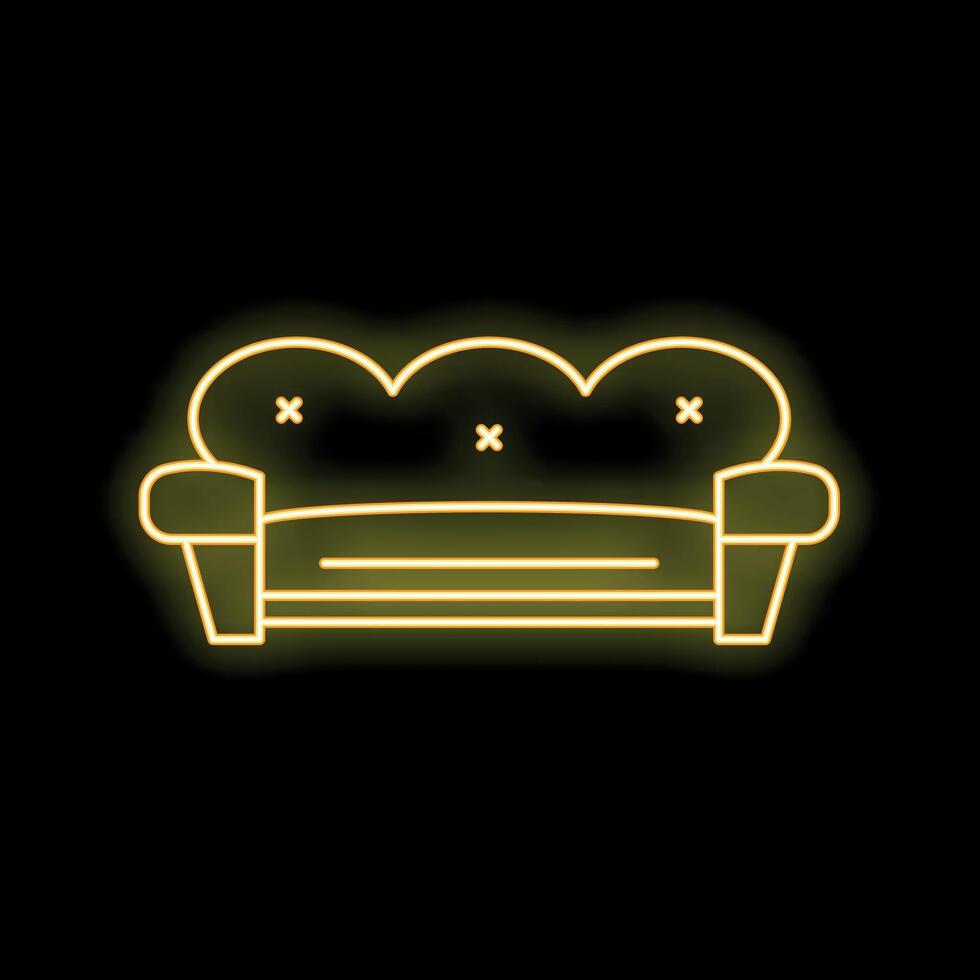 Yellow neon sofa glowing on black background vector