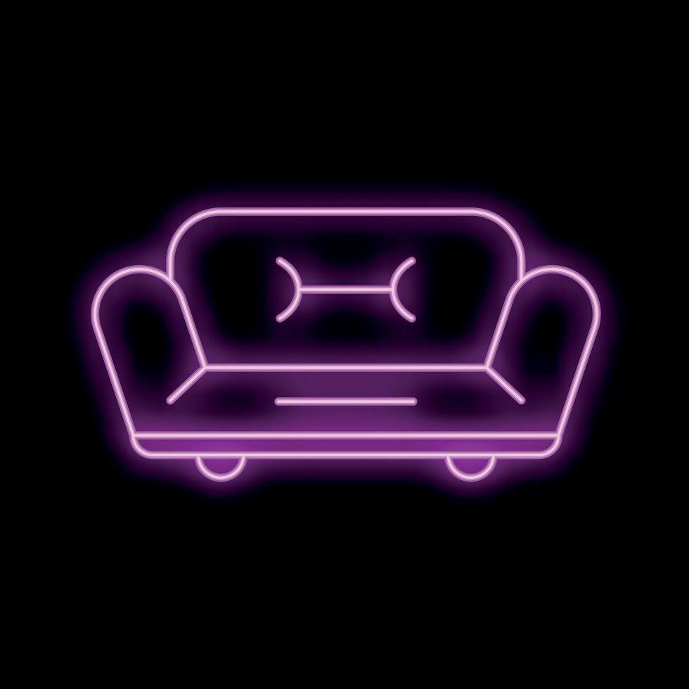 Neon sofa shining in purple light on black background vector