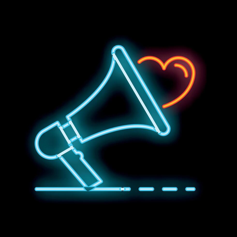 Neon megaphone announcing love with heart shape coming out vector