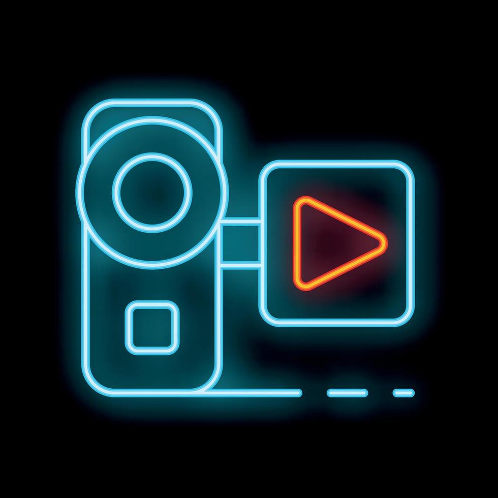 Bright neon video camera icon glowing in the dark vector