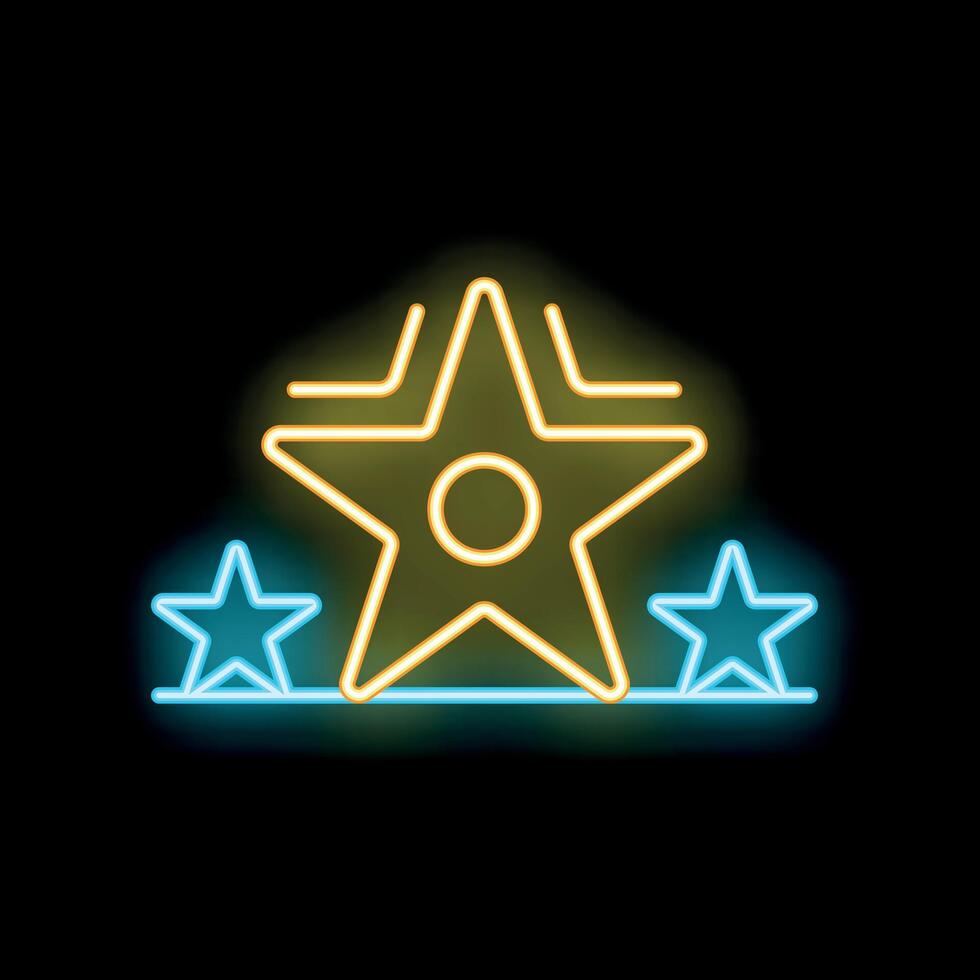 Neon sign showing three stars on black background with copy space vector