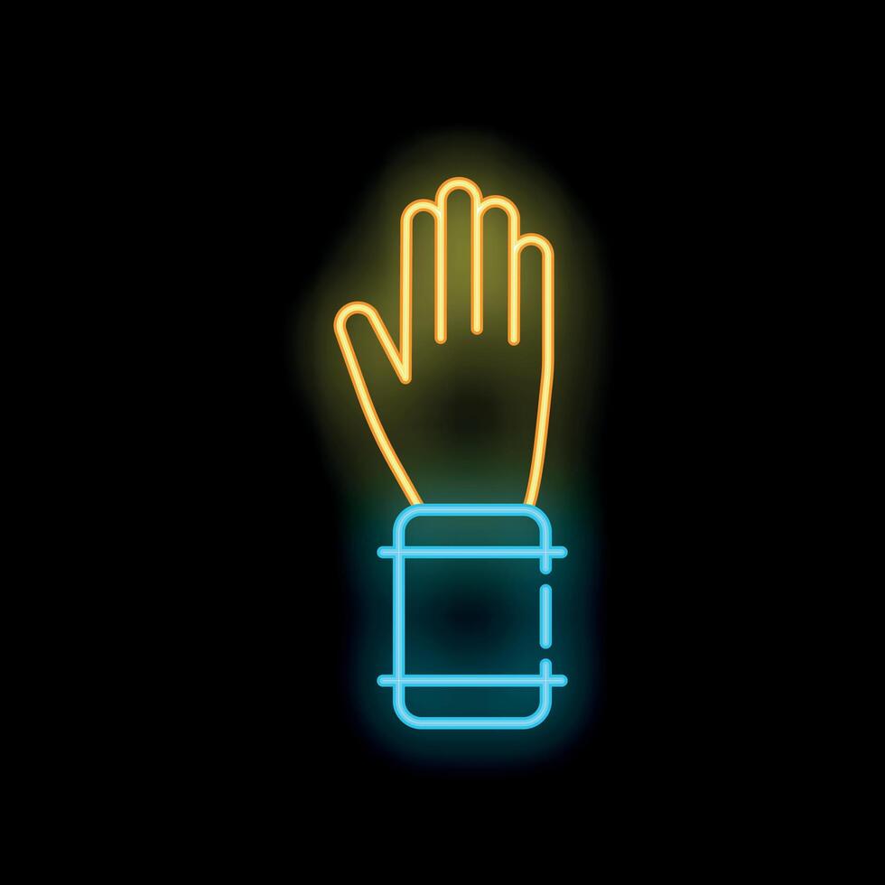 Neon sign showing hand with raised index finger on black background vector