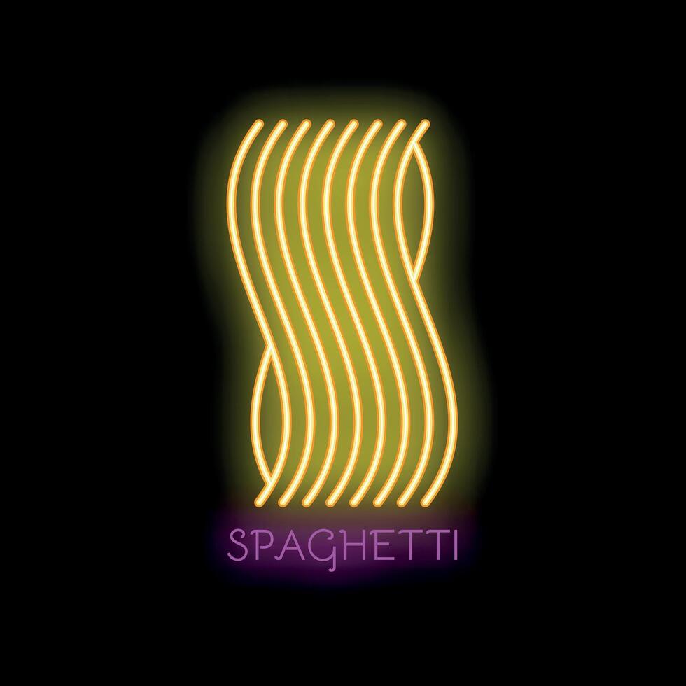 Bright yellow neon sign depicting spaghetti on black background vector
