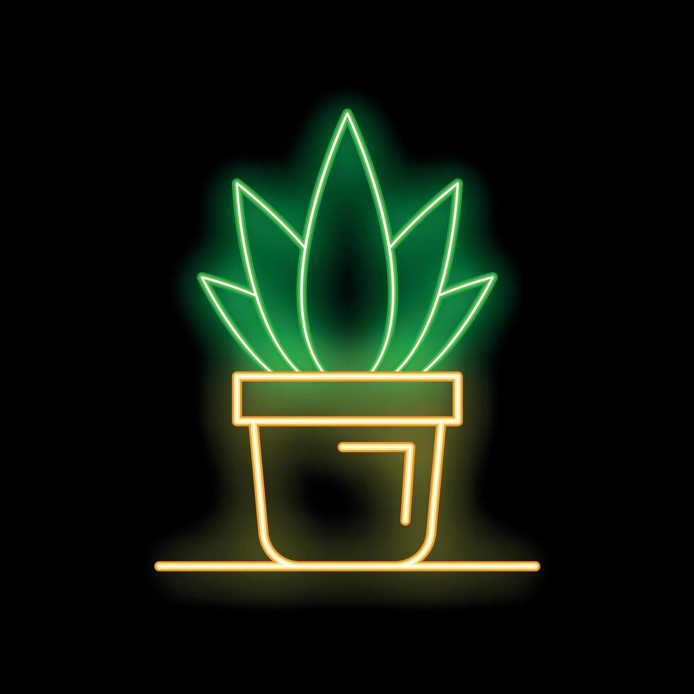 Glowing neon green plant in pot on black background vector
