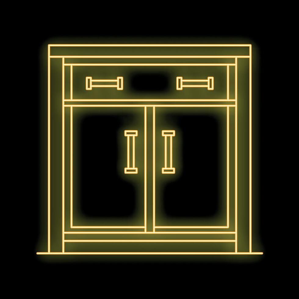 Yellow neon outline of a cabinet with drawers and doors on a black background vector