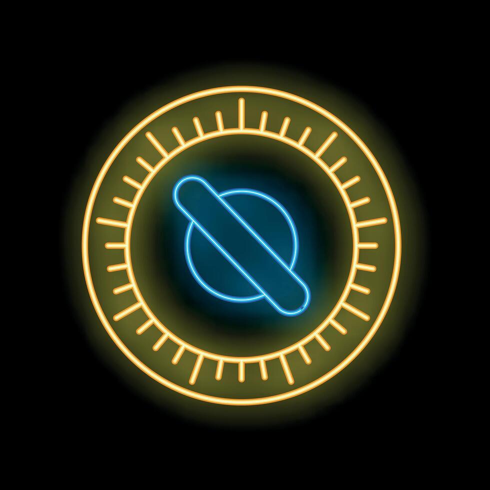 Neon planet shining inside glowing coin on black background vector