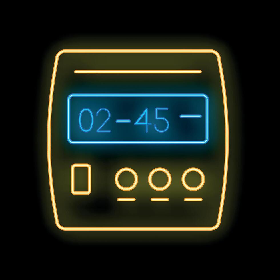 Glowing neon icon of digital alarm clock with buttons showing time on display vector