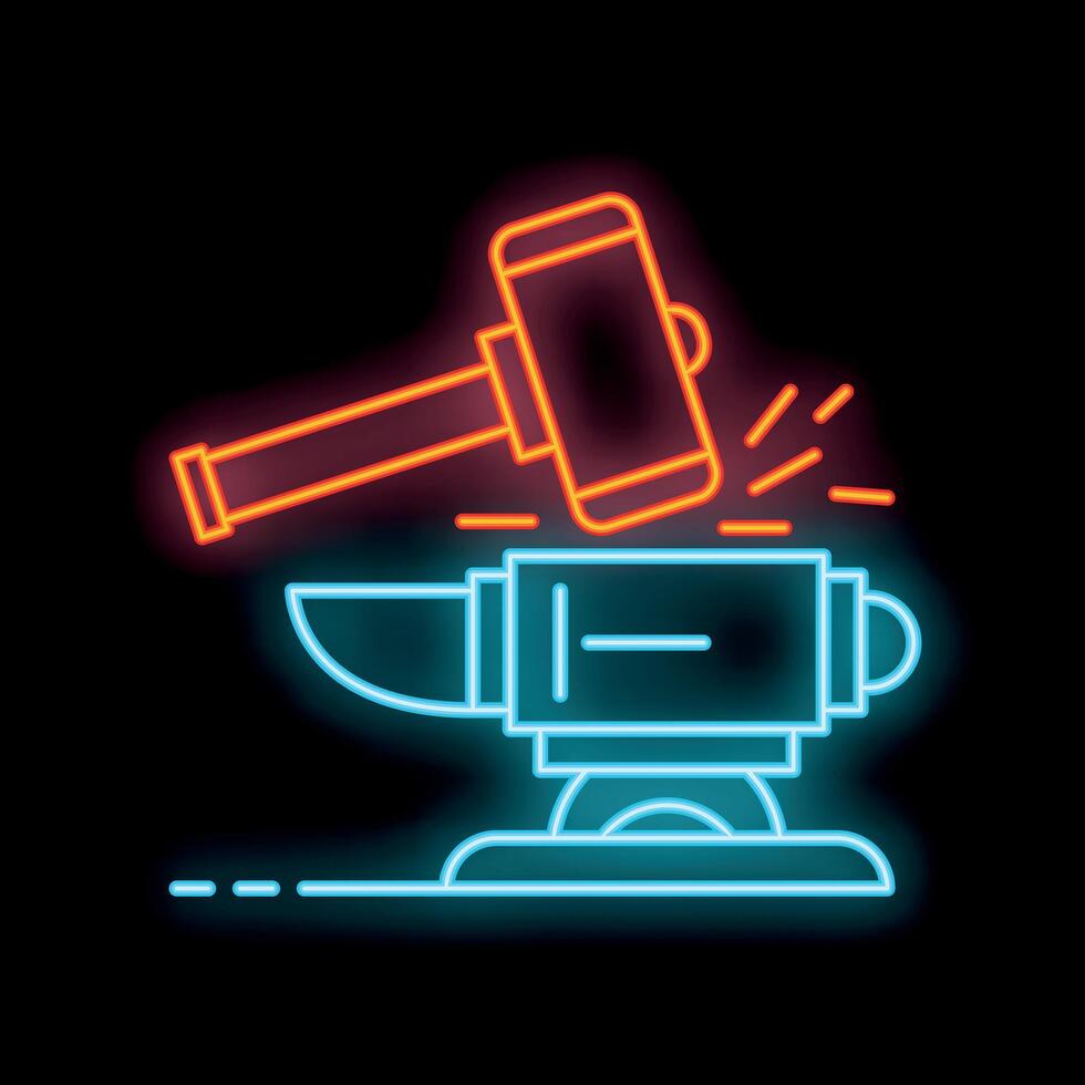 Neon sign representing a hammer striking an anvil on black background vector