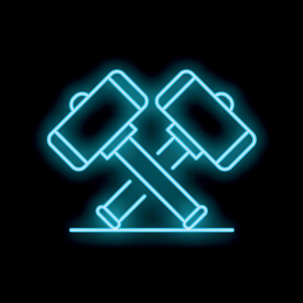 Two crossed hammers glowing with blue neon light on black background vector