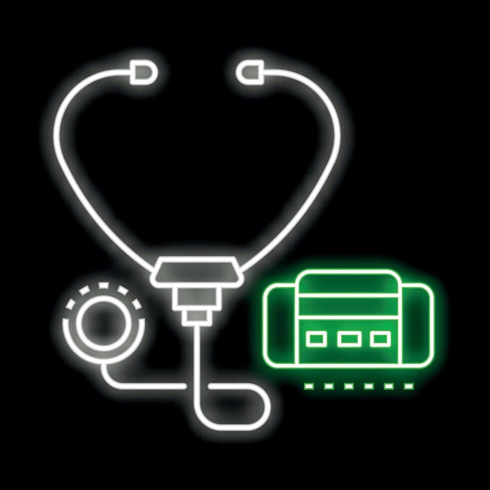 Neon sign of stethoscope and medical bag glowing on black background vector