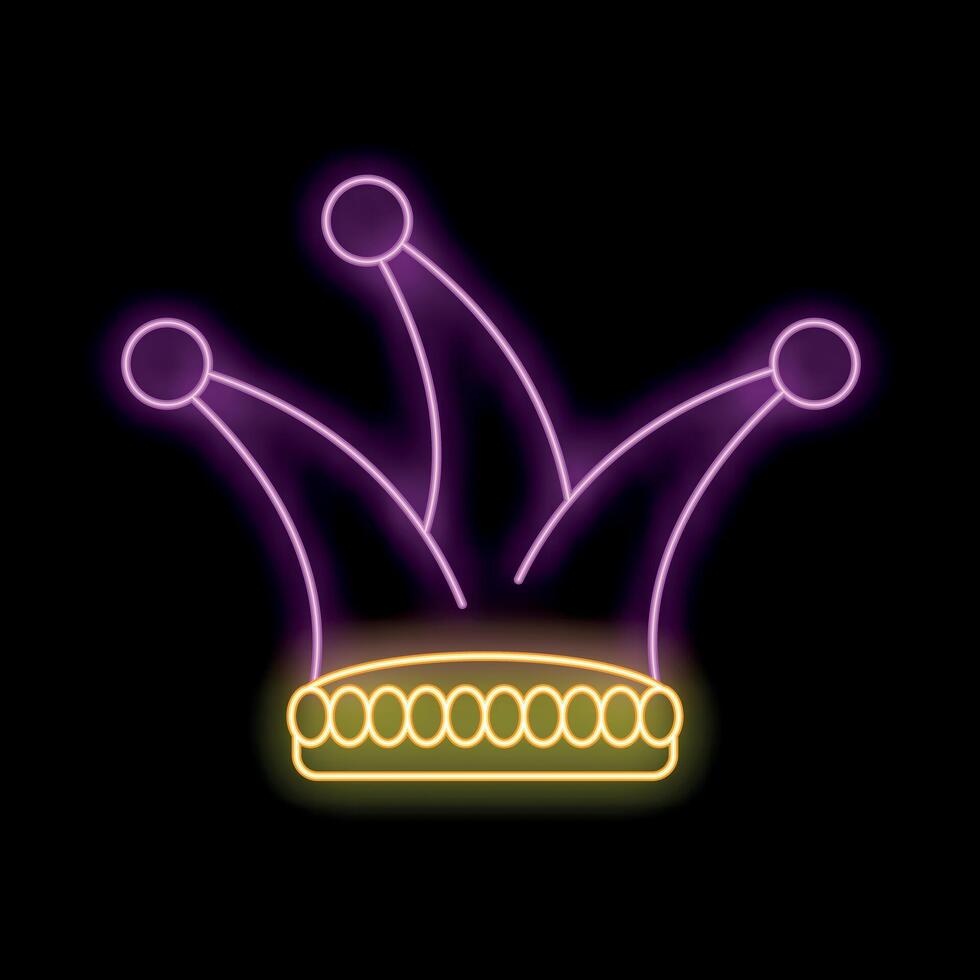 Glowing neon jester hat with bells on black background vector