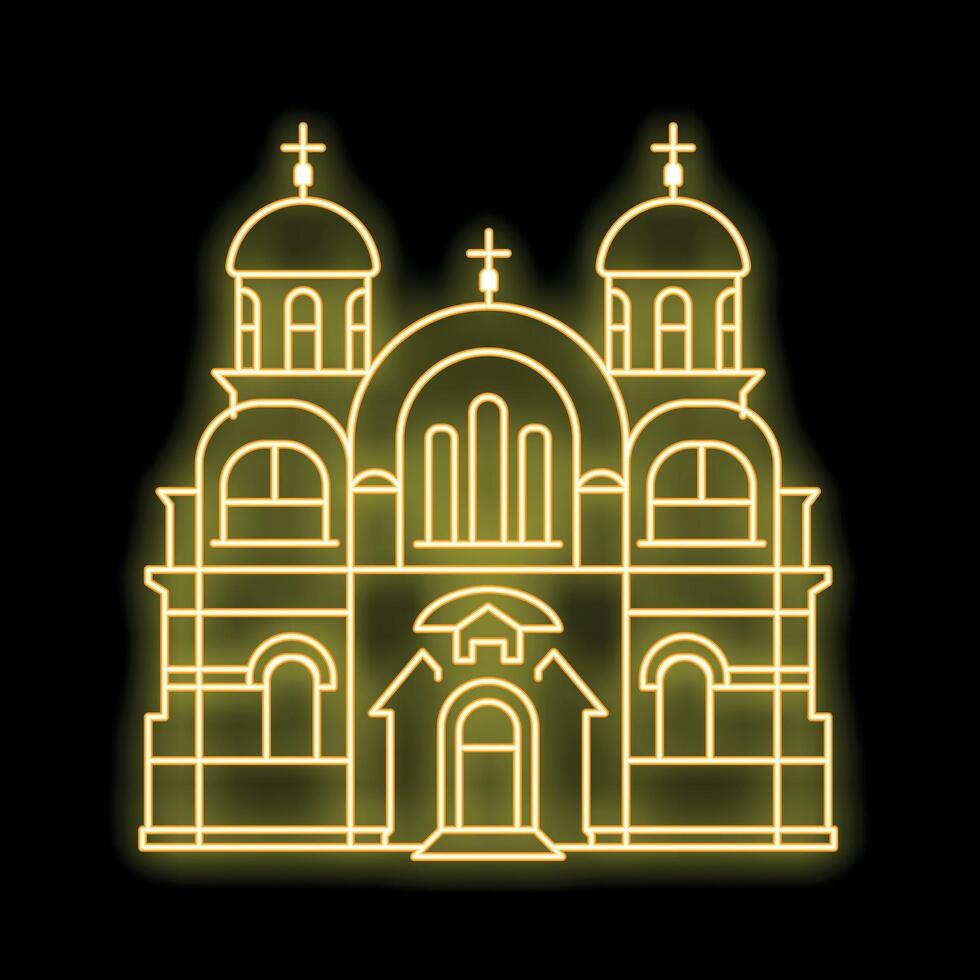 Neon sign depicting a church with glowing crosses on top vector