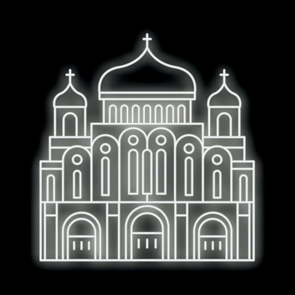 White neon cathedral building shining on black background vector