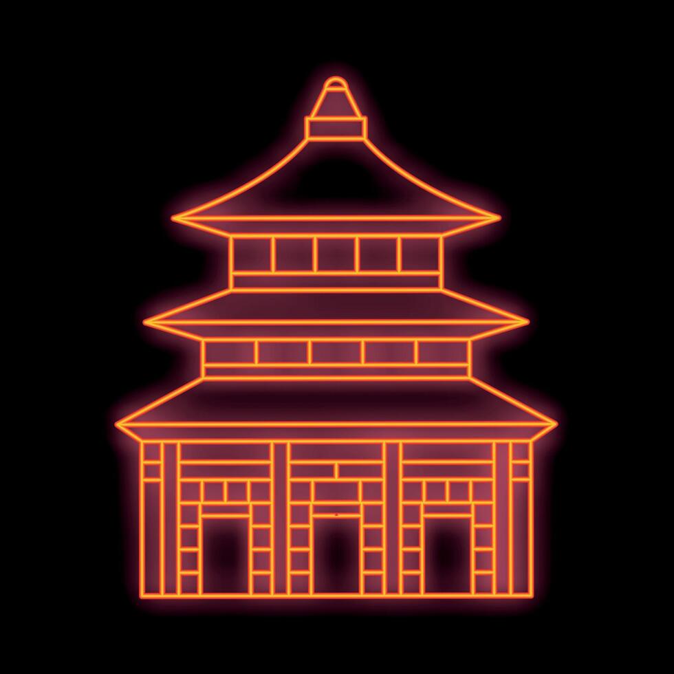 Glowing neon line drawing of a pagoda building on a black background vector