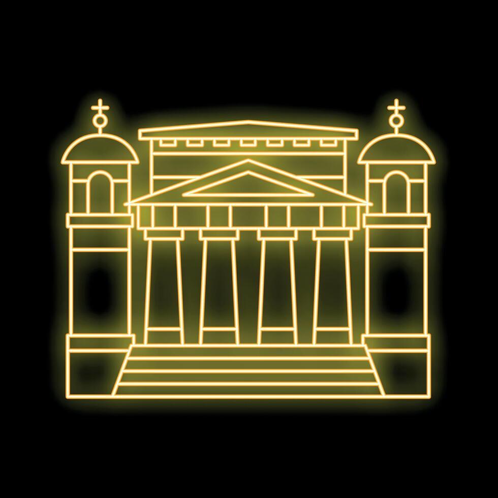 Neon yellow illustration of a courthouse building at night with pillars and towers vector