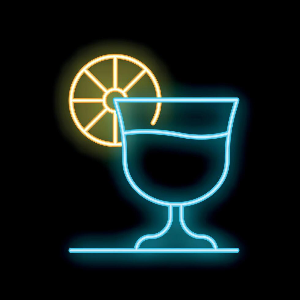 Neon sign of cocktail glass with slice of orange glowing on black background vector