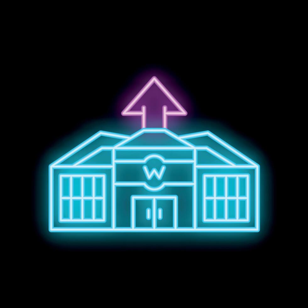 Neon glowing icon of warehouse with up arrow on black background vector