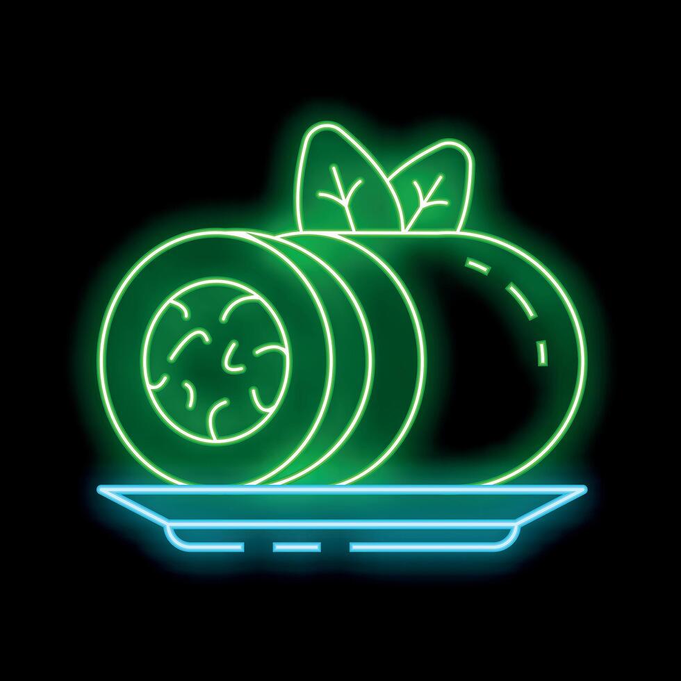 Bright green neon sushi set lying on plate over black background vector