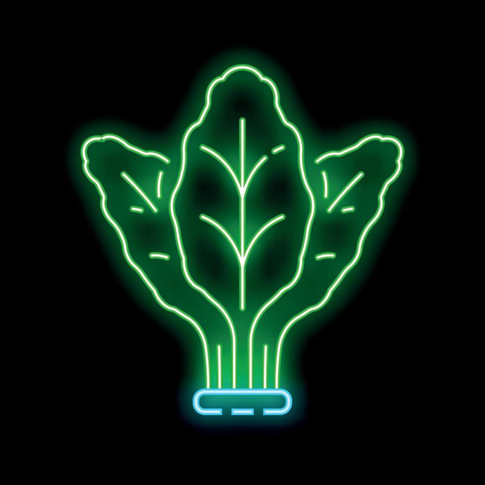 Glowing neon sign depicting green lettuce on black background vector